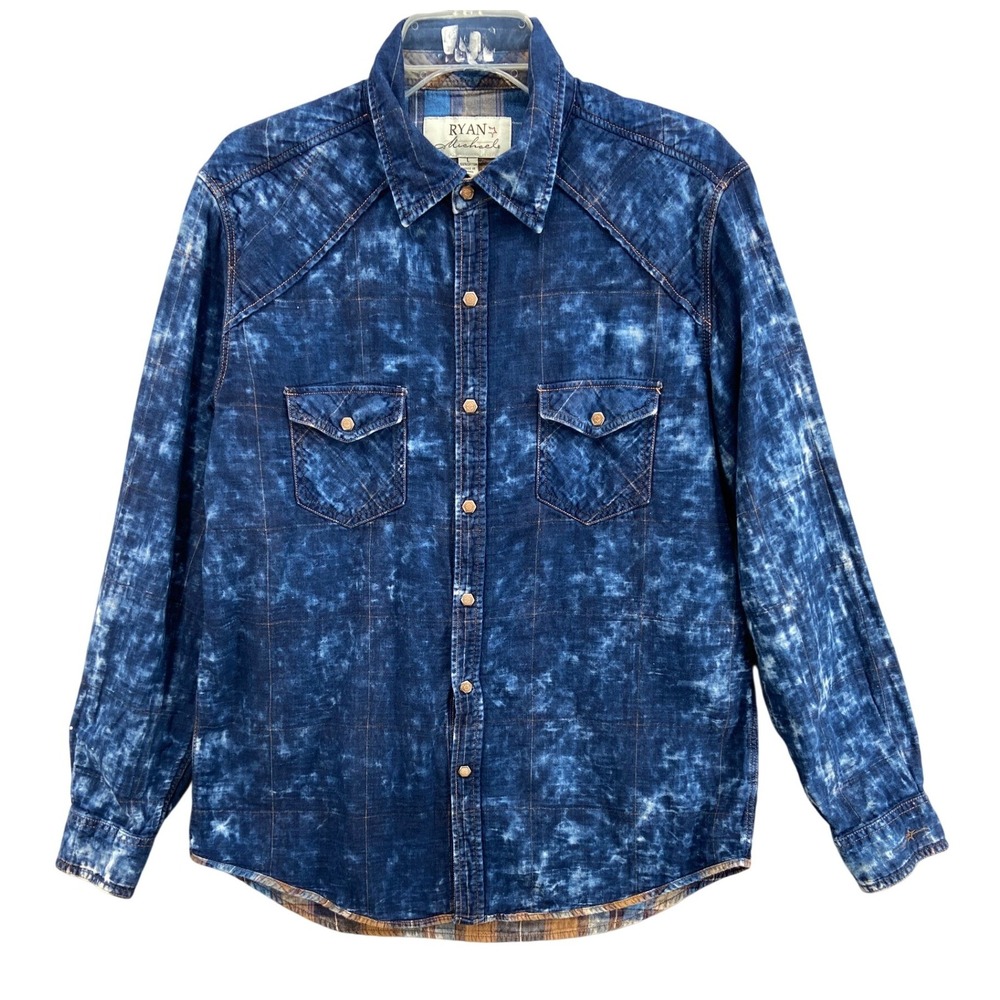 Ryan Michael Shirt Mens Sz L Blue Acid Wash Western Snap‎ Plaid Lined Denim